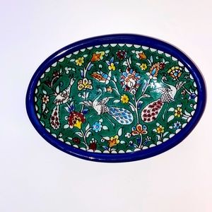 Beautiful Armenian serving dish pheasants and flowers blues and greens